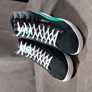 Puma Sky Black Green Blue Leather Suede Nylon Hidden Wedge High Tops VG- US 8.5